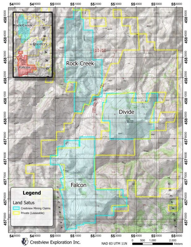Crestview Exploration Announces Claim Expansion at the Falcon and Divide Properties in Elko County, Nevada, and Reports Historic Results from the Falcon Mine